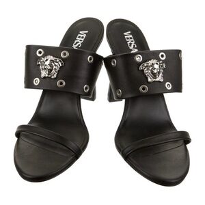 Versace Black Mules with Silver Medusa Accents